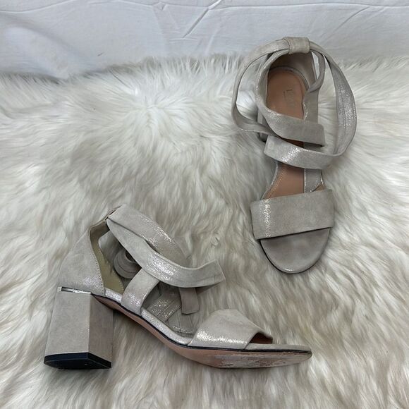 Lewit Metallic Tan Ankle Wrap Suede Block Heel Sandals Sz 37.5/7.5 - Picture 1 of 6